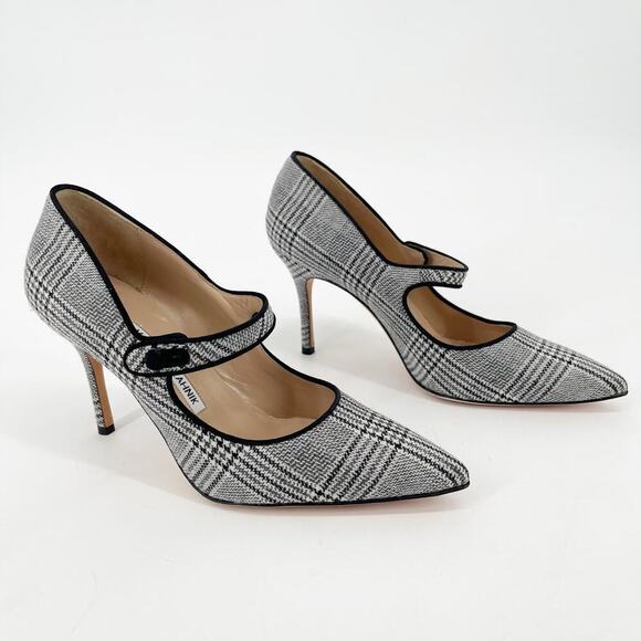 Manolo Blahnik Shoes - Manolo Blahnik Campari Houndstooth Wool Black Trim Mary Jane Heels Pumps IT 37.5